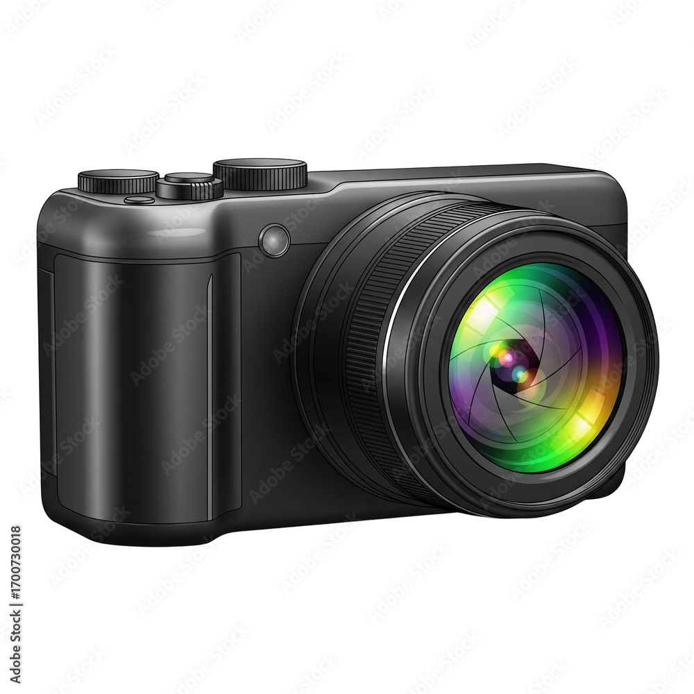 Poster sleek camera lens reflecting a spectrum of light against a minimalist setting