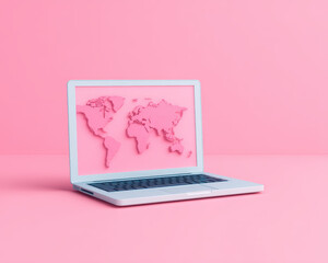 A laptop displays a pink world map against a vibrant pink background, blending technology with playful aesthetics.