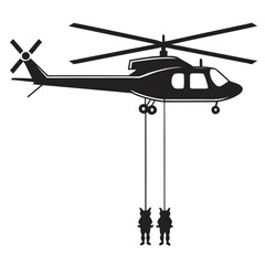 A black helicopter holds two silhouetted figures suspended by cables against a transparent backdrop
