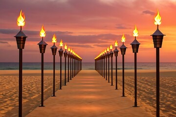 Obraz premium Tropical beach pathway lined with tiki torches at sunset serene evening ambiance