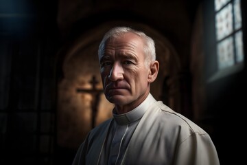 Obraz premium Close up frontal portrait of elderly priest in simple linen vestments with dramatic side lighting