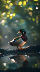 Fototapeta premium Drake Duck on Dark Log Reflecting in Water bird waterfowl photo