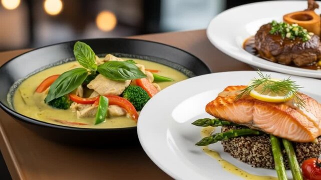 Pan-Asian cuisine salmon, osso buco, green curry