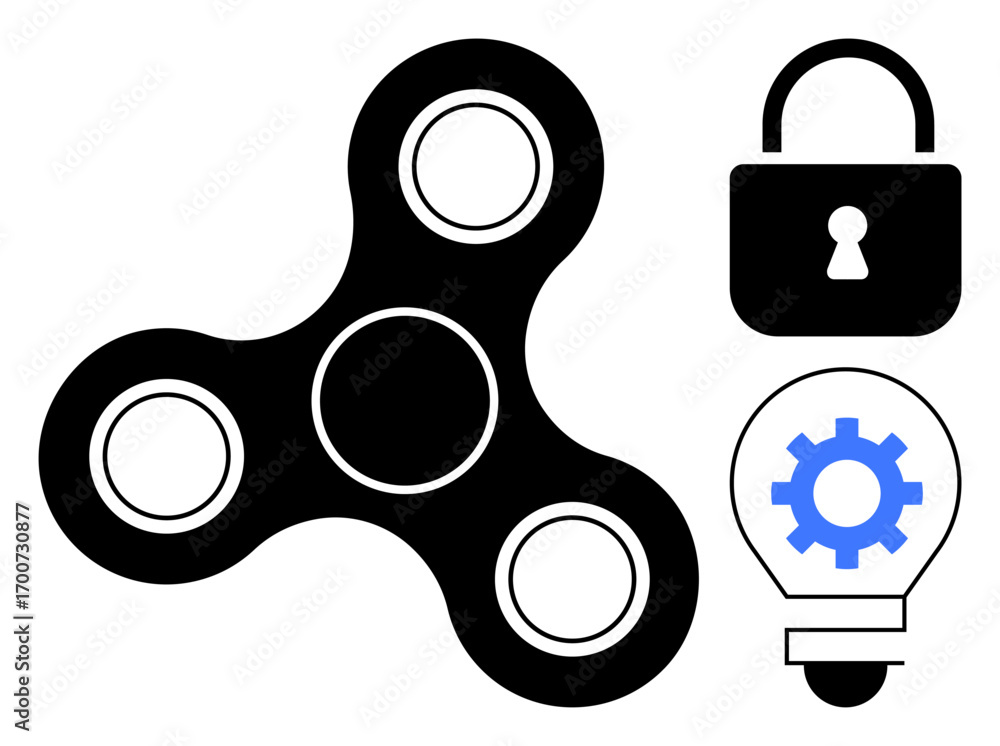 Poster black fidget spinner, secure lock, lightbulb with gear inside. ideal for concepts of focus, creativi