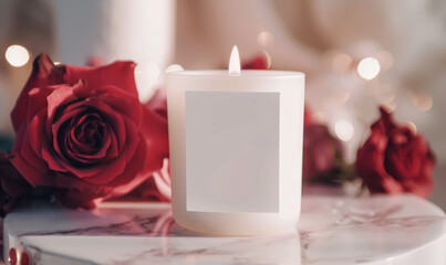 White candle and red roses with bokeh light