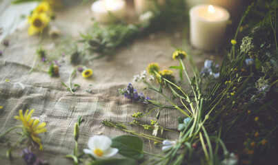 Wildflowers and candles on rustic fabric