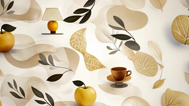 Abstract pattern with muted tones of yellow, beige, and brown.  Decorative elements include stylized leaves, apples, and a lamp