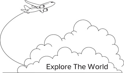 Whimsical airplane soaring through fluffy clouds leaving a trail with the inspiring phrase explore the world
