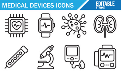 Line style healthcare and medicine icons with infusion, kidney, and virus symbols
