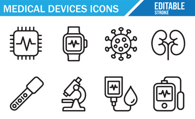 Line art medical devices icons set including ECG chip, smartwatch, virus structure, kidney organ, thermometer, microscope, IV infusion, blood drop, and patient monitor in editable stroke outline style
