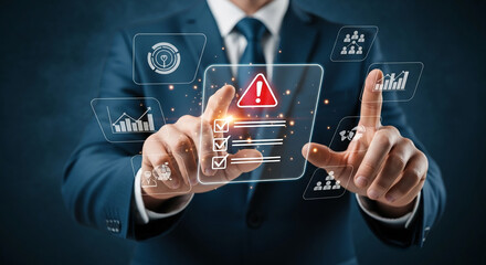 Businessperson interacts with a digital interface, highlighting checklist, warning sign, and graphs, symbolizing risk management and business process control
