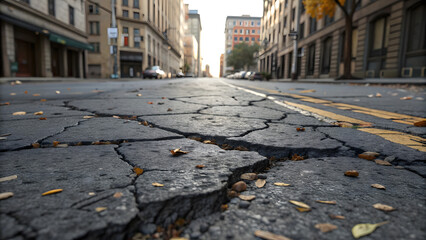 Cracked Asphalt Roadway in Urban Cityscape with Fallen Leaves Close Up