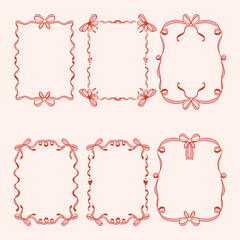 Doodle hand drawn coquette frames with bows ribbons. Vintage bows frame for greeting cards, wedding and birthday party, picnic invitations in cute elegant coquette style.