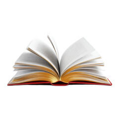 A book is open to a page with a red cover