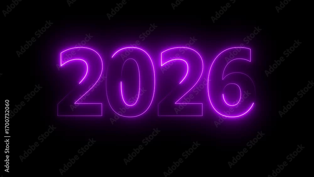 Poster neon light countdown 2026 sal number icon background 4k animation. abstract arrival of the happy new
