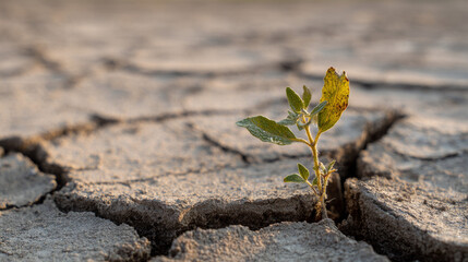 Young green plant sprouting from cracked dry soil, symbolizing resilience, climate change impact, ecological restoration, and hope for sustainability.