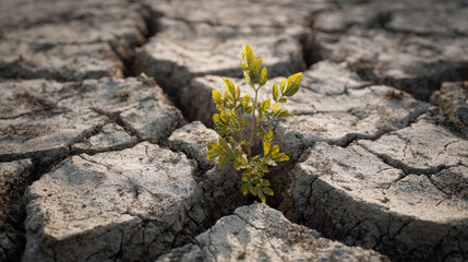 Young green plant sprouting from cracked dry soil, symbolizing resilience, climate change impact, ecological restoration, and hope for sustainability.