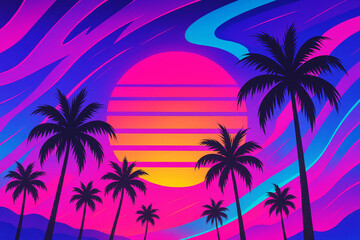 Naklejka premium Pop art vaporwave background with glowing sunset gradients in neon purple electric pink and teal blue, comic inspired abstract design featuring palm tree silhouettes for dreamy futuristic wallpaper 