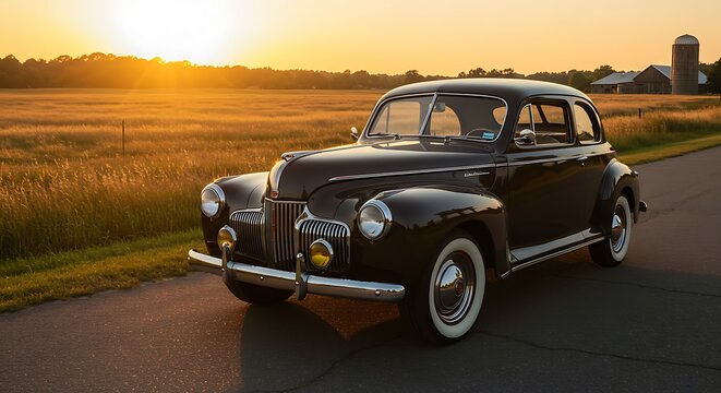 A classic black vintage car parked on a rural road during a golden sunset, showcasing its timeless design and nostalgic charm