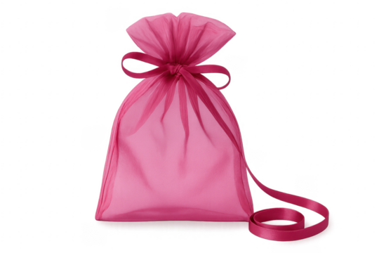 Pink gift bag tied with a ribbon on a transparent background