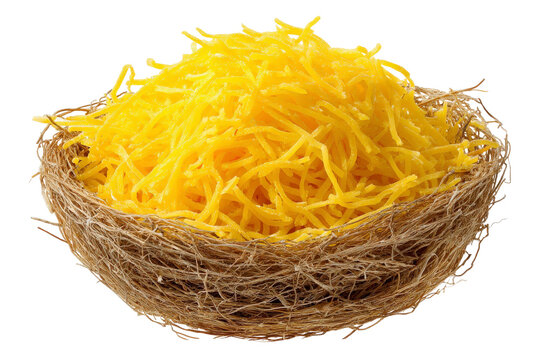 Shredded yellow cheese placed in a rustic nest on a white background ready for culinary use in various dishes and gourmet creations
