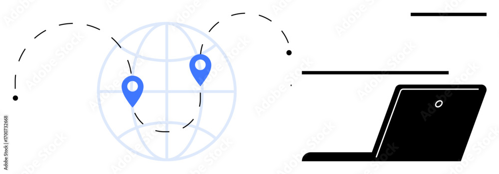 Poster globe with geolocation pins linked to a laptop through dotted lines, symbolizing global communicatio