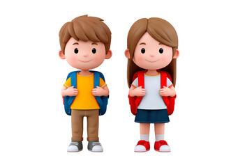 Fototapeta premium Cute cartoon children with backpacks ready for school adventure on transparent background, PNG
