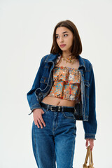 	
Fashion shooting in studio . Professional model , fashionable clothes and style, new collection. stylish look