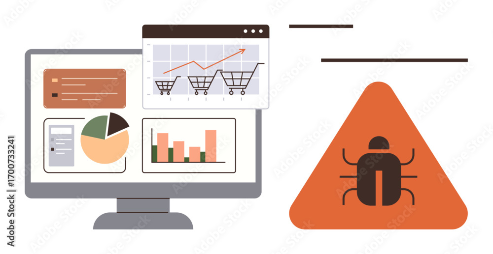 Poster computer screen displays e-commerce data analytics, charts, and performance insights next to a warni