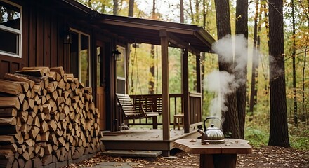 Cozy Cabin Porch with Steaming Kettle in Autumn Forest.