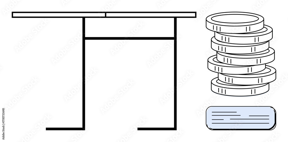 Poster minimalist table setup with a stack of coins and a rectangular document. ideal for finance, budgetin