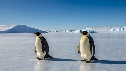 Obraz premium Two emperor penguins stand side by side on the icy expanse of Antarctica, with distant icebergs and clear blue skies framing a breathtaking scene of wildlife, resilience, and the frozen beauty of the 