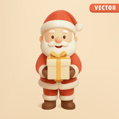 Cute 3D vector of Santa Claus holding Christmas gifts. Adorable cartoon style, perfect for Xmas cards, posters, web design, and holiday marketing.