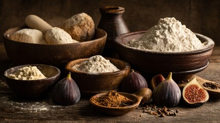 Fototapeta premium A bakery-style layout: flour, yeast, figs, and tiny spice bowls