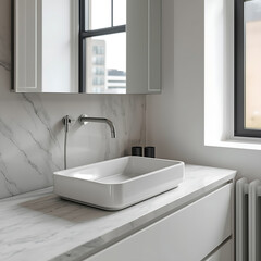 The bathroom features a sleek white sink with modern styling, perfect for a modern urban apartment.