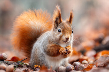 Obraz premium Adorable red squirrel amongst autumn leaves and acorns a cute wildlife scene