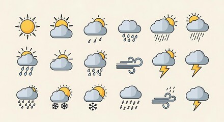 Fototapeta premium Diverse Weather Icons Displaying Various Conditions with Sunshine, Clouds, and Precipitation