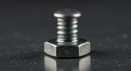 Closeup of a single hex bolt with a domed head, showcasing its threads and hexagonal shape on dark surface