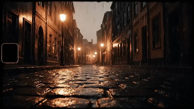 Heavy rain falling on a historic cobblestone street at night