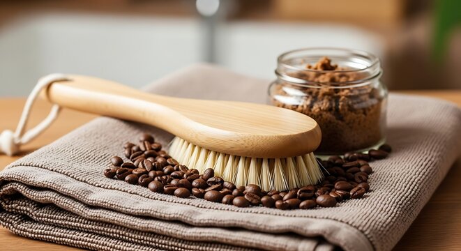 Coffee infused scrub and wooden brush on towel promoting wellness and self care routine with