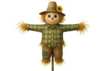 Scarecrow protecting crops with open arms on transparent background