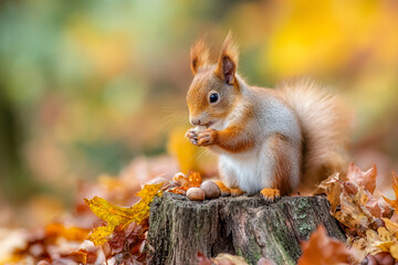 Adorable red squirrel eating nuts in autumn forest surrounded by colorful leaves