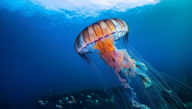 surreal vibrant color jellyfish gracefully gliding through the underwater wonderland