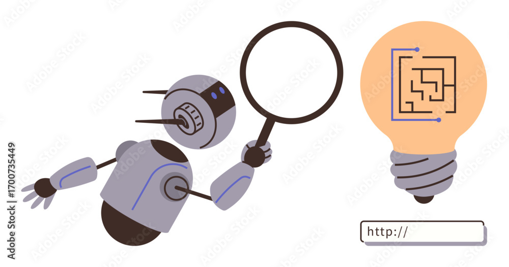 Poster robot with magnifying glass examining a glowing lightbulb with circuit pattern. ideal for ai researc