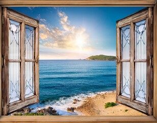 vintage window ocean view serene coastal landscape seen through an open vintage window symbolizes freedom tranquility escape hope and summer