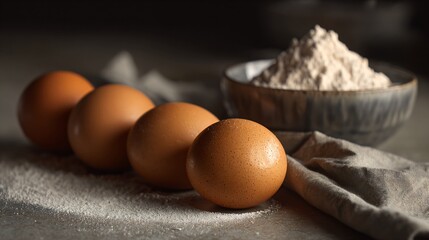 An editorial light: brown eggs in a row, flour bowl, baking soda, and folded recipe