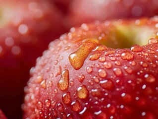 Close up of a red apple with raindrops on it