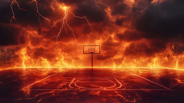 Fiery basketball court with lightning and inferno photo background fire flames