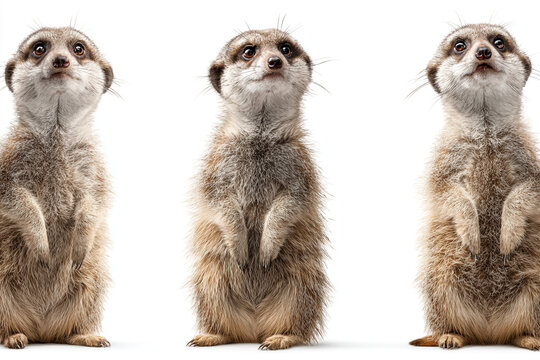 Three meerkats standing upright looking up against white background