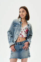 Fashion shooting in studio . Professional model , fashionable clothes and style, new collection. stylish look